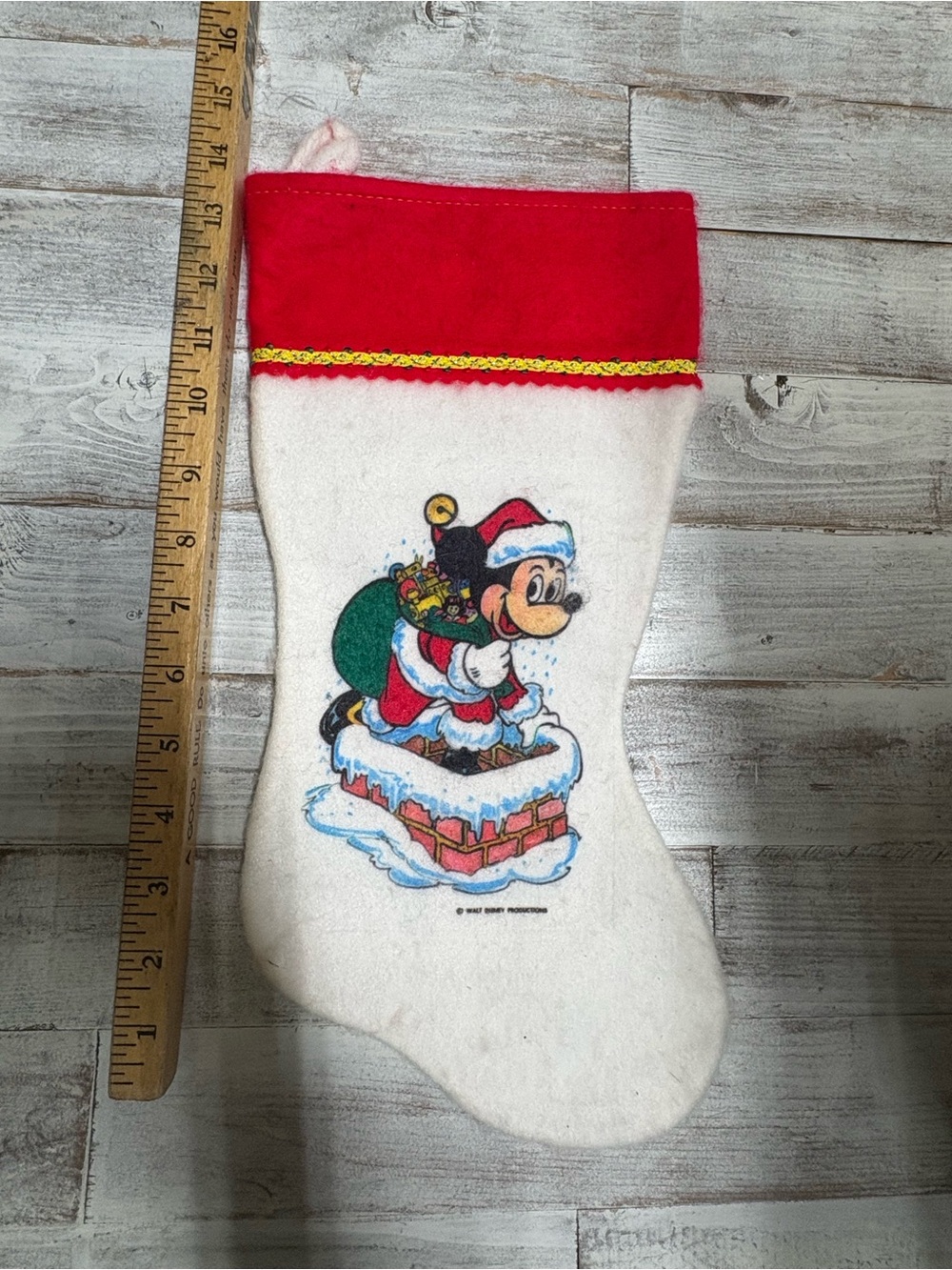 Vintage 80’s Walt Disney Christmas Stocking Felt Mickey Mouse Santa Red Gold